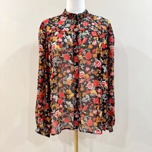 Mango Floral Chiffon Blouse Button Front Mandarin Collar Boho Romantic Top Sz M